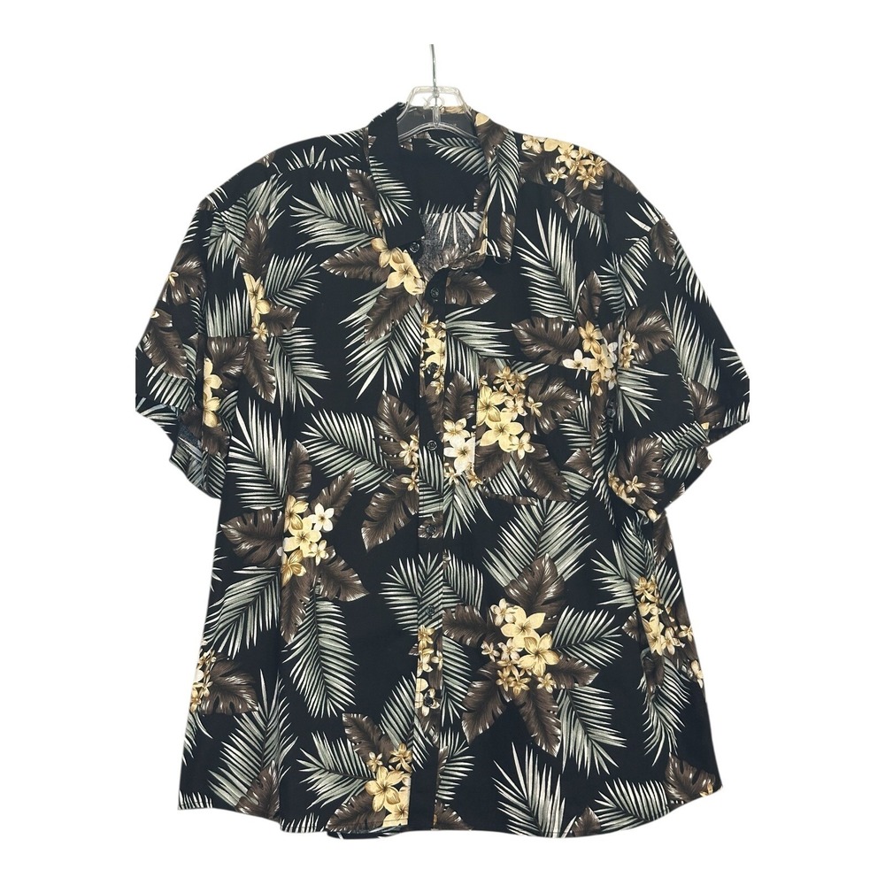 HISDERN Floral Hawaiian Short Sleeve Shirt Palm Leaves Black Tan Button Up 3XL